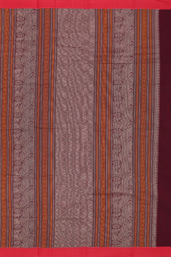 Kanchi Cotton Saree In Burgundy Red With Stripes Design