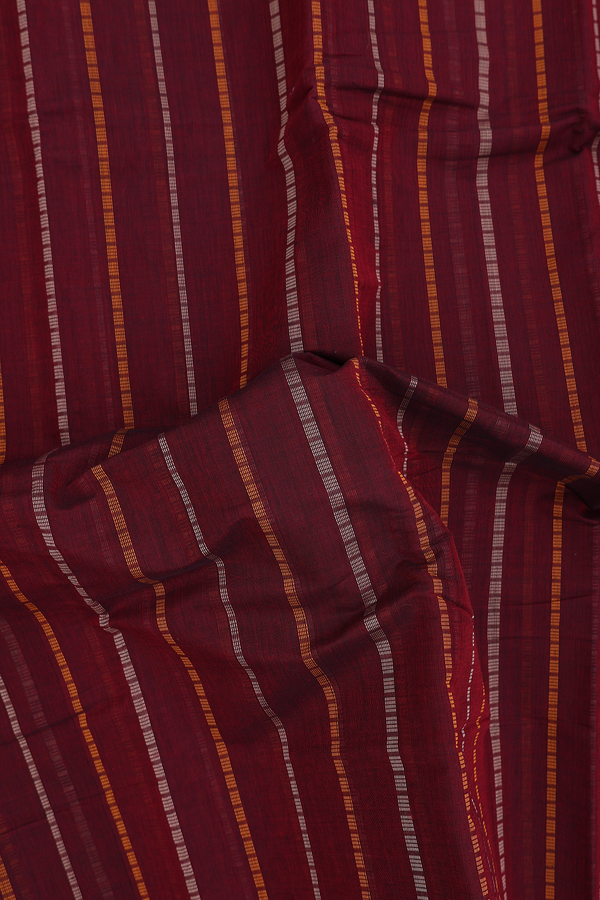 Kanchi Cotton Saree In Burgundy Red With Stripes Design