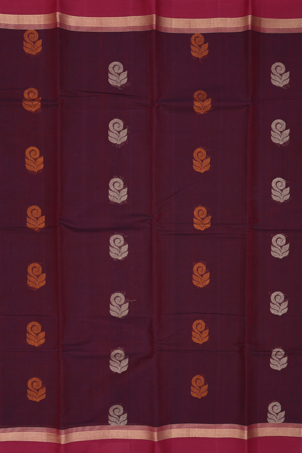 Kanchi Cotton Saree In Burgundy Red With Threadwork Buttas