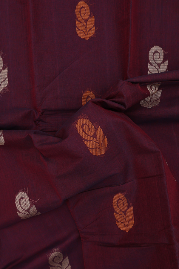 Kanchi Cotton Saree In Burgundy Red With Threadwork Buttas