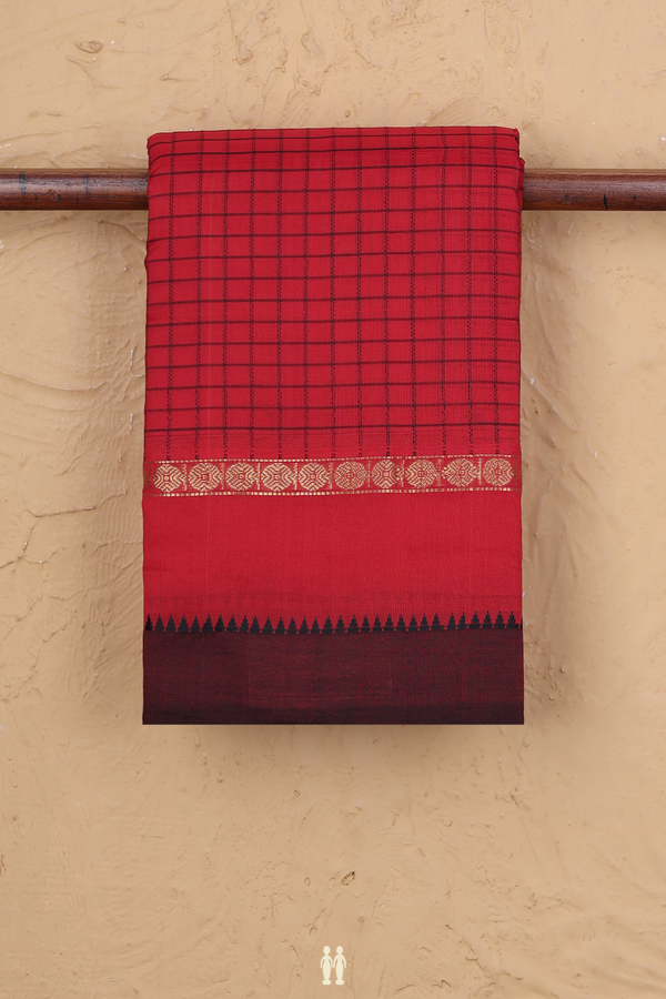 Kanchi Cotton Saree In Chilli Red With Checks Design