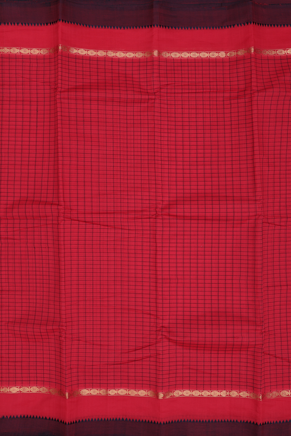 Kanchi Cotton Saree In Chilli Red With Checks Design