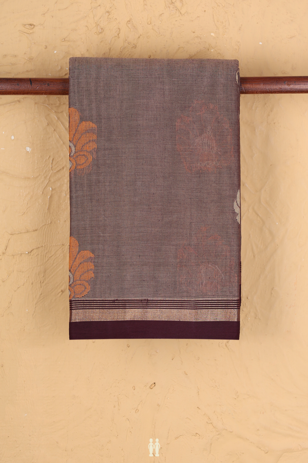 Kanchi Cotton Saree In Cocoa Brown With Threadwork Buttas