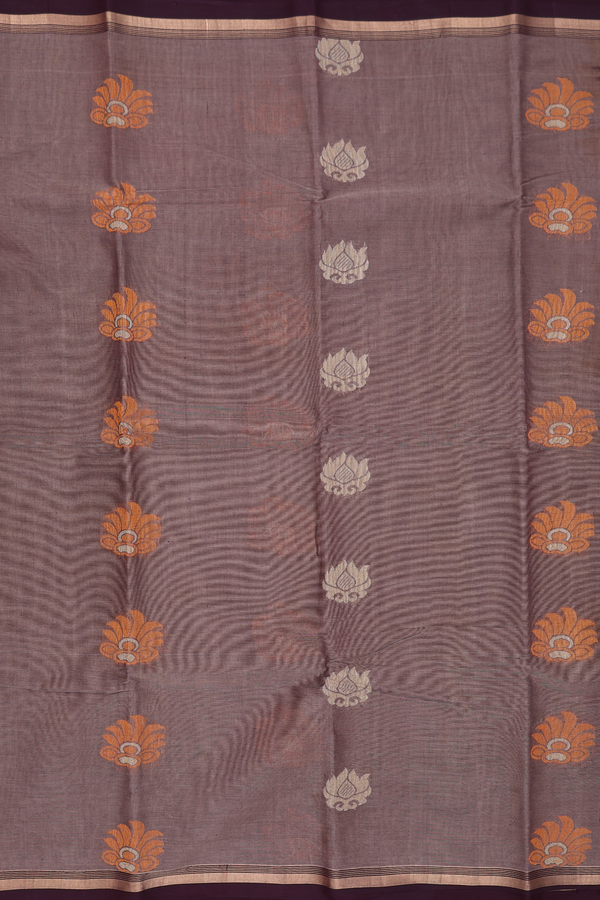 Kanchi Cotton Saree In Cocoa Brown With Threadwork Buttas
