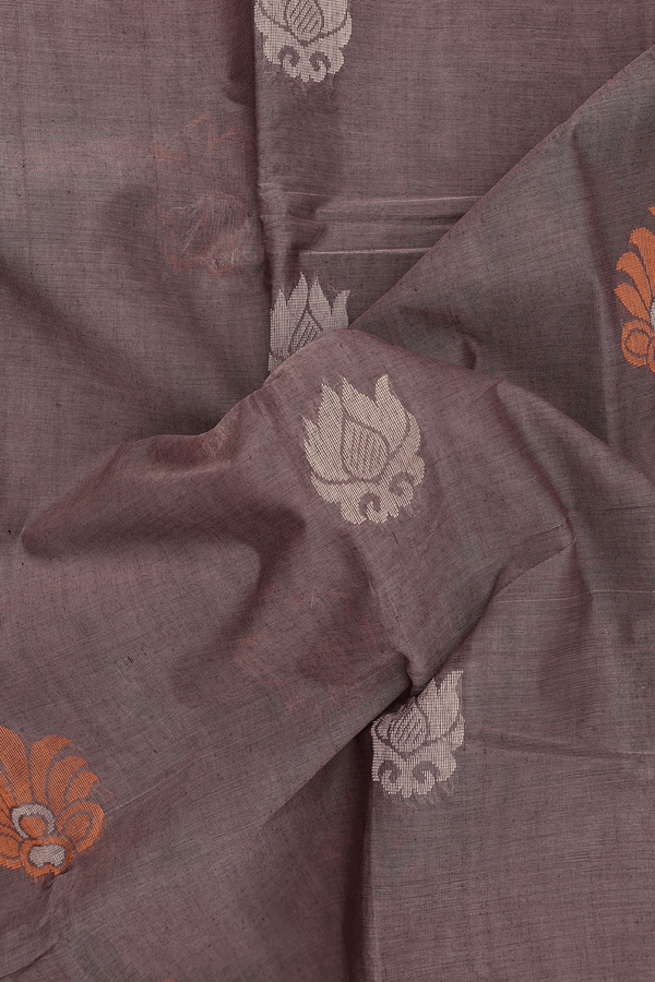 Kanchi Cotton Saree In Cocoa Brown With Threadwork Buttas