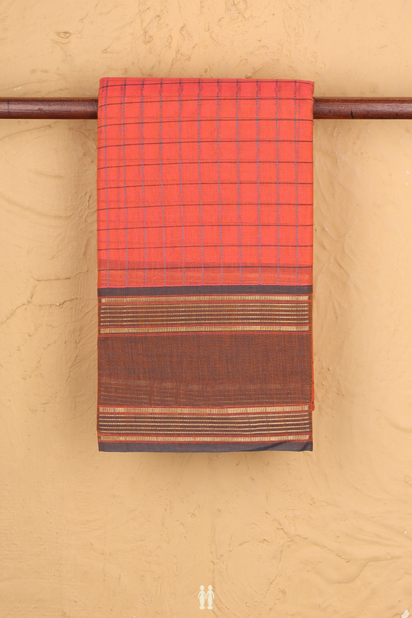 Kanchi Cotton Saree In Coral Orange With Checks Design