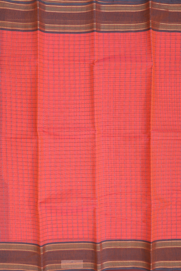 Kanchi Cotton Saree In Coral Orange With Checks Design