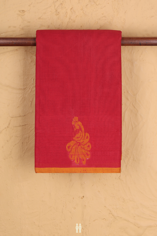 Kanchi Cotton Saree In Crimson Red With Peacock Border