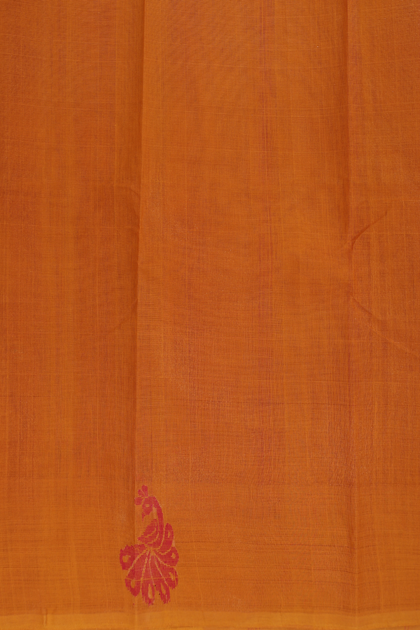 Kanchi Cotton Saree In Crimson Red With Peacock Border