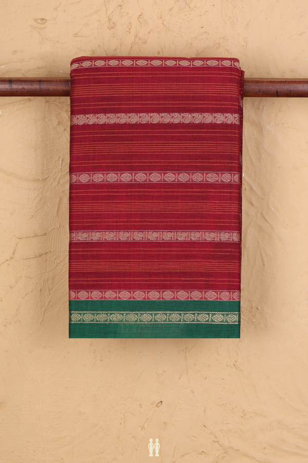 Kanchi Cotton Saree In Crimson Red With Stripes Design