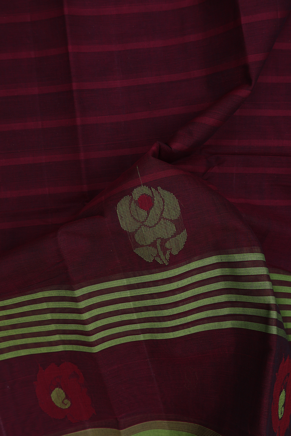 Kanchi Cotton Saree In Dark Maroon With Stripes Design
