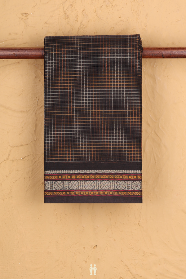 Kanchi Cotton Saree In Dark Oak Brown With Checks Design