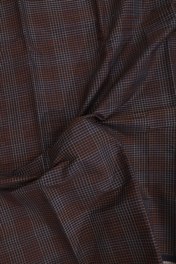 Kanchi Cotton Saree In Dark Oak Brown With Checks Design