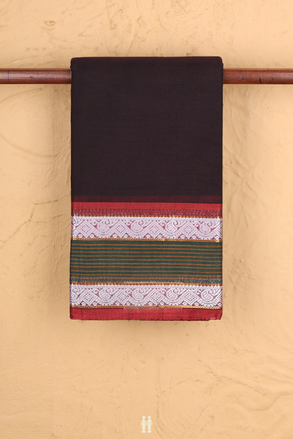 Kanchi Cotton Saree In Dark Oak Brown With Contrast Border