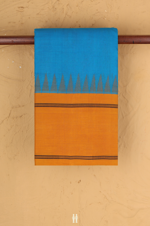 Kanchi Cotton Saree In Deep Sky Blue With Contrast Border