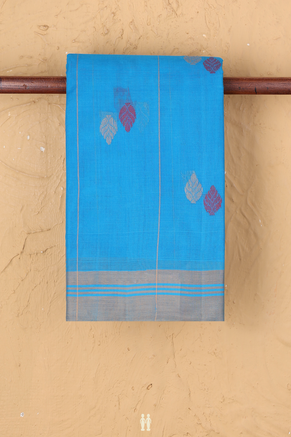 Kanchi Cotton Saree In Deep Sky Blue With Threadwork Buttas