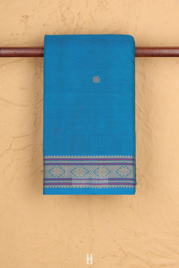 Kanchi Cotton Saree In Deep Sky Blue With Threadwork Buttas