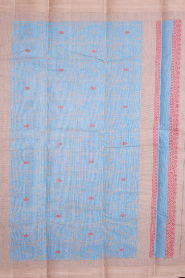 Kanchi Cotton Saree In Deep Sky Blue With Threadwork Buttas