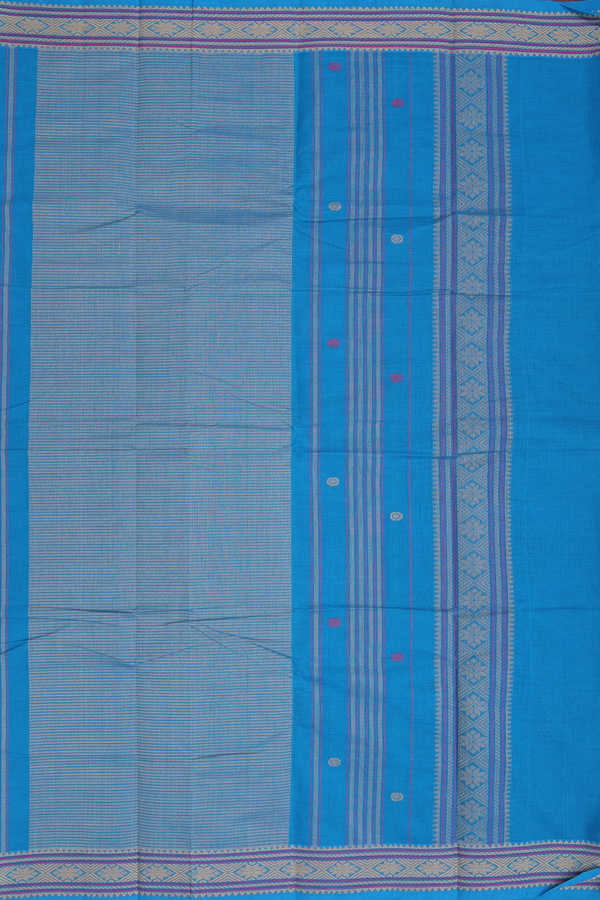 Kanchi Cotton Saree In Deep Sky Blue With Threadwork Buttas