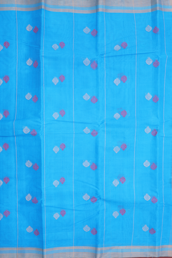 Kanchi Cotton Saree In Deep Sky Blue With Threadwork Buttas