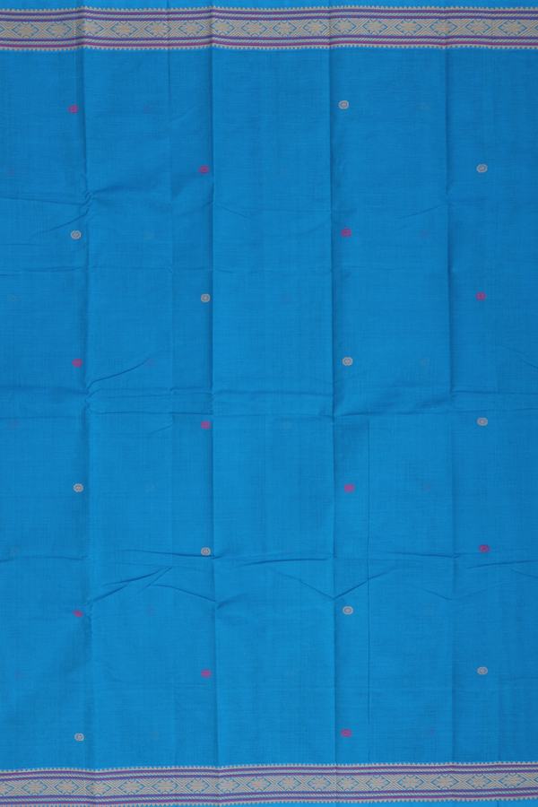 Kanchi Cotton Saree In Deep Sky Blue With Threadwork Buttas