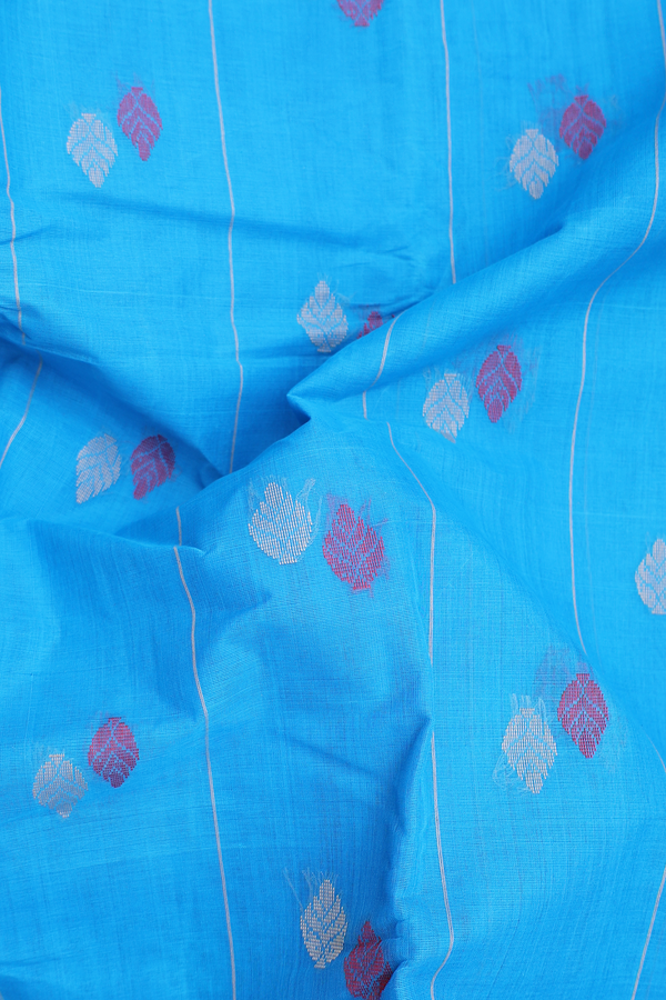 Kanchi Cotton Saree In Deep Sky Blue With Threadwork Buttas