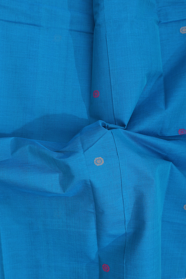Kanchi Cotton Saree In Deep Sky Blue With Threadwork Buttas