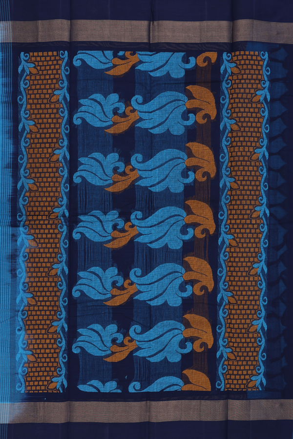 Kanchi Cotton Saree In Deep Sky Blue With Threadwork Motifs