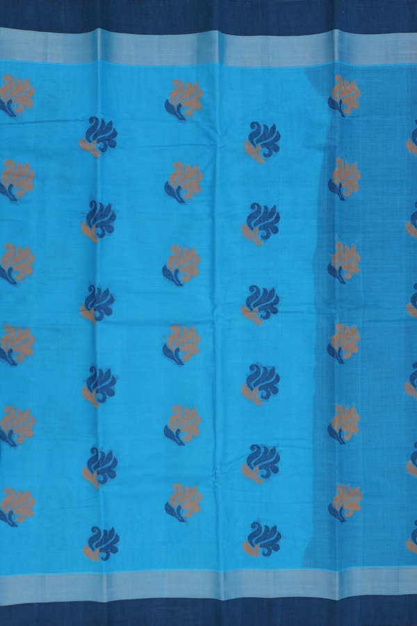 Kanchi Cotton Saree In Deep Sky Blue With Threadwork Motifs