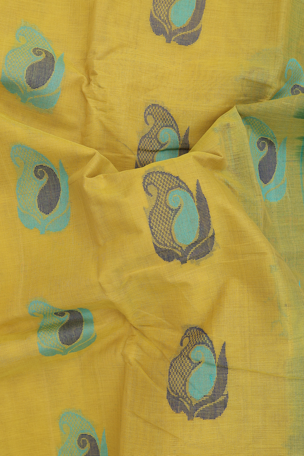 Kanchi Cotton Saree In Yellow With Paisley Motifs