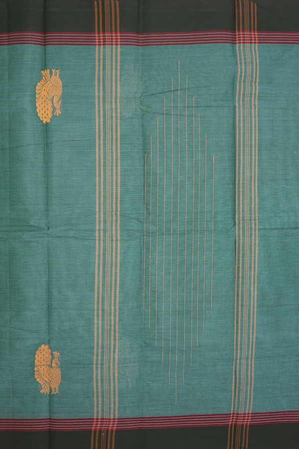 Kanchi Cotton Saree In Dusty Green With Peacock Border