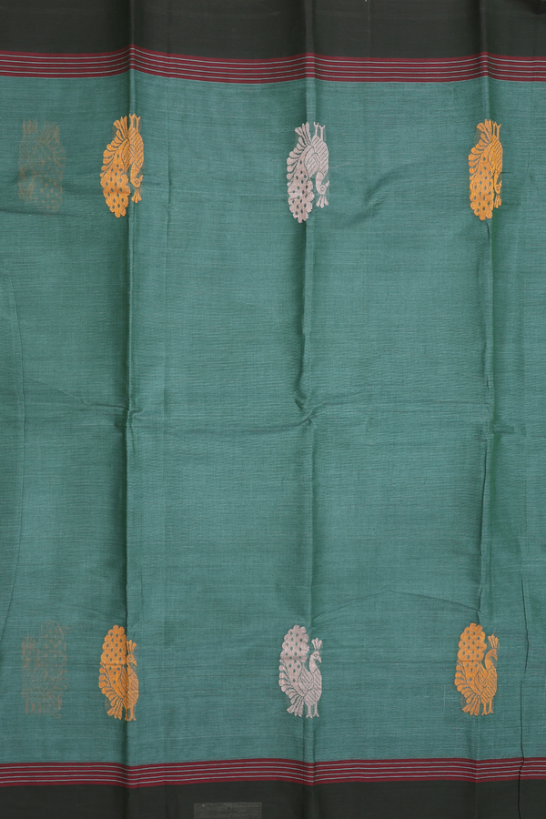 Kanchi Cotton Saree In Dusty Green With Peacock Border