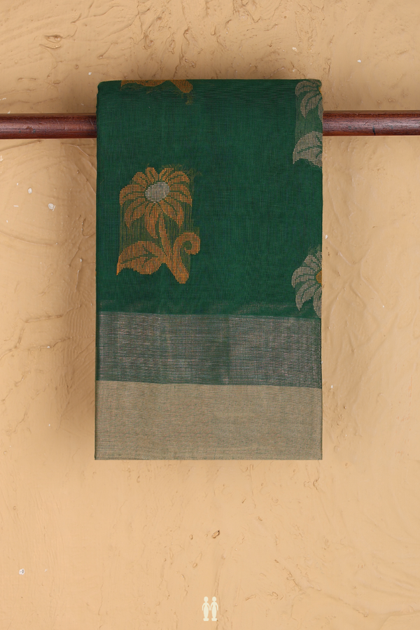 Kanchi Cotton Saree In Emerald Green With Floral Motifs