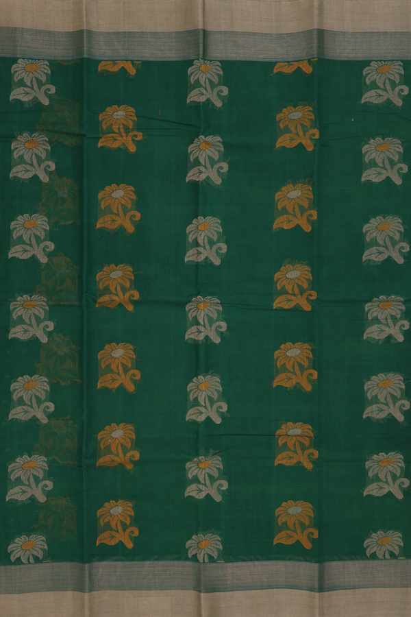 Kanchi Cotton Saree In Emerald Green With Floral Motifs