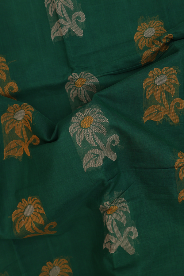 Kanchi Cotton Saree In Emerald Green With Floral Motifs