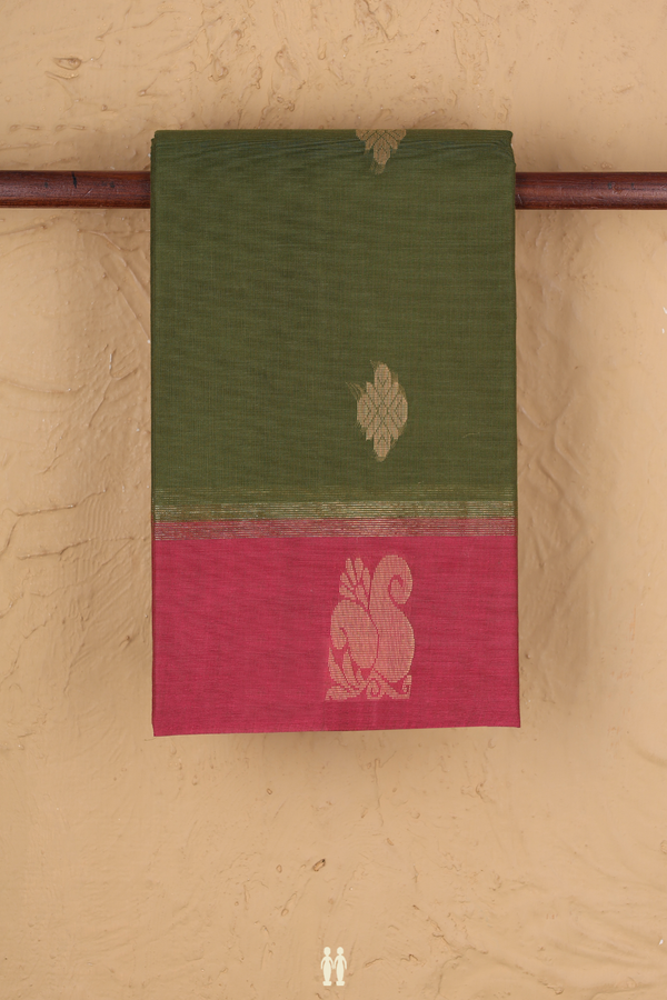 Kanchi Cotton Saree In Fern Green With Threadwork Buttas