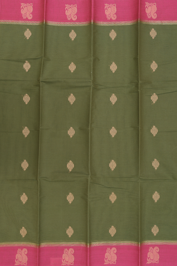 Kanchi Cotton Saree In Fern Green With Threadwork Buttas