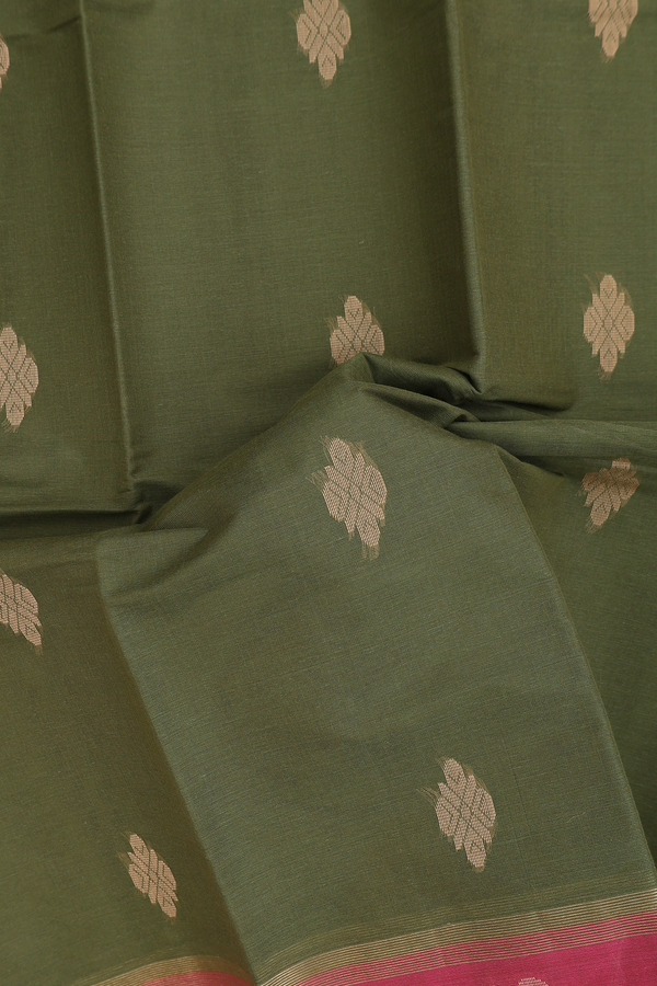 Kanchi Cotton Saree In Fern Green With Threadwork Buttas