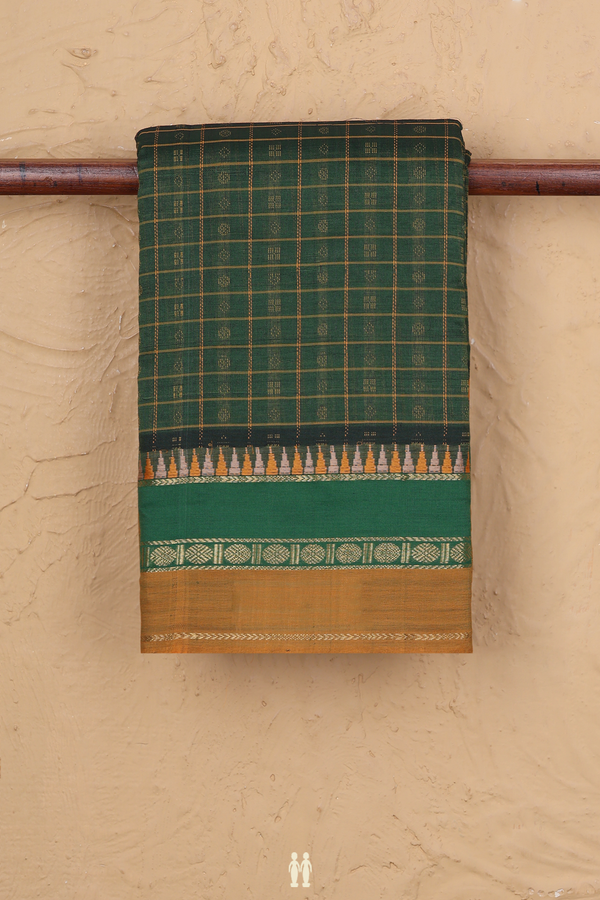 Kanchi Cotton Saree In Forest Green With Checks Design