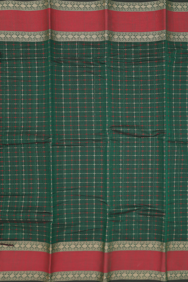 Kanchi Cotton Saree In Forest Green With Checks Design