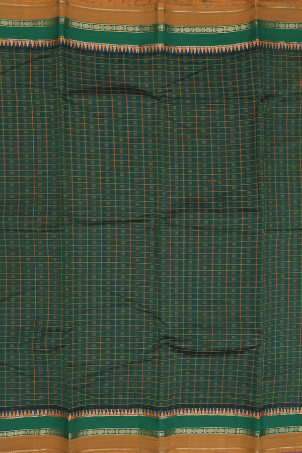 Kanchi Cotton Saree In Forest Green With Checks Design