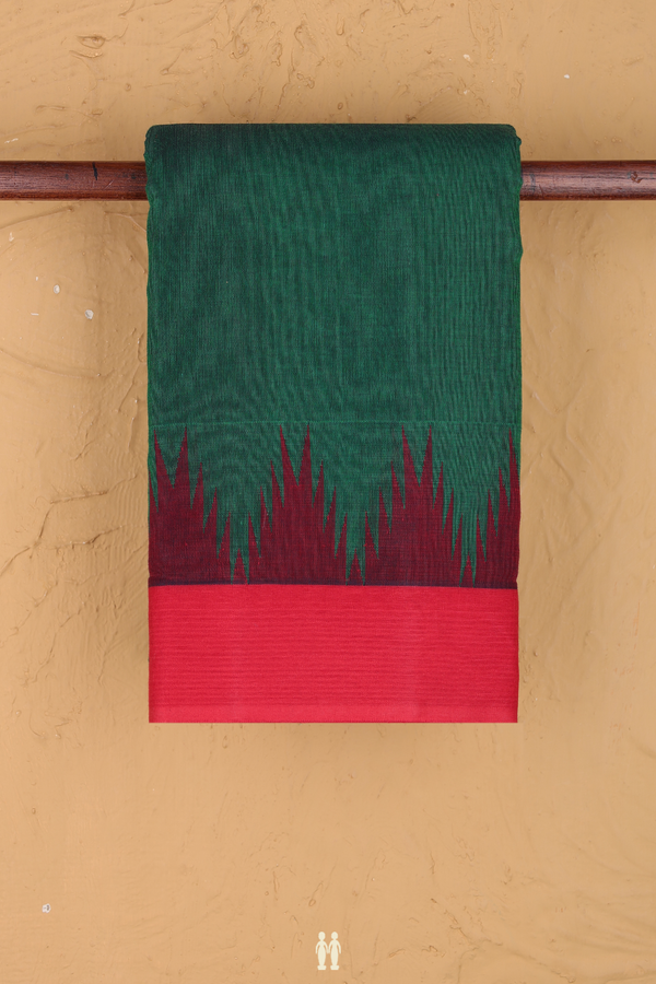 Kanchi Cotton Saree In Forest Green With Temple Border