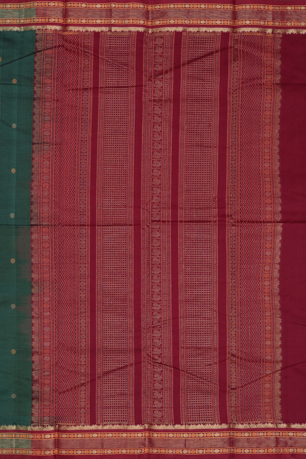 Kanchi Cotton Saree In Forest Green With Threadwork Buttas