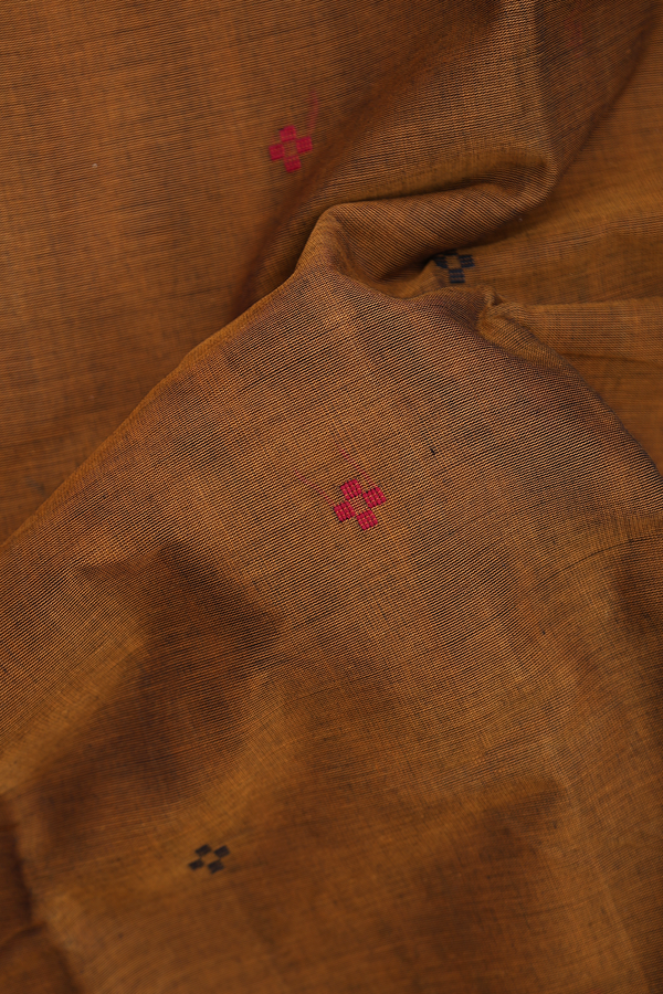 Kanchi Cotton Saree In Golden Brown With Threadwork Buttis