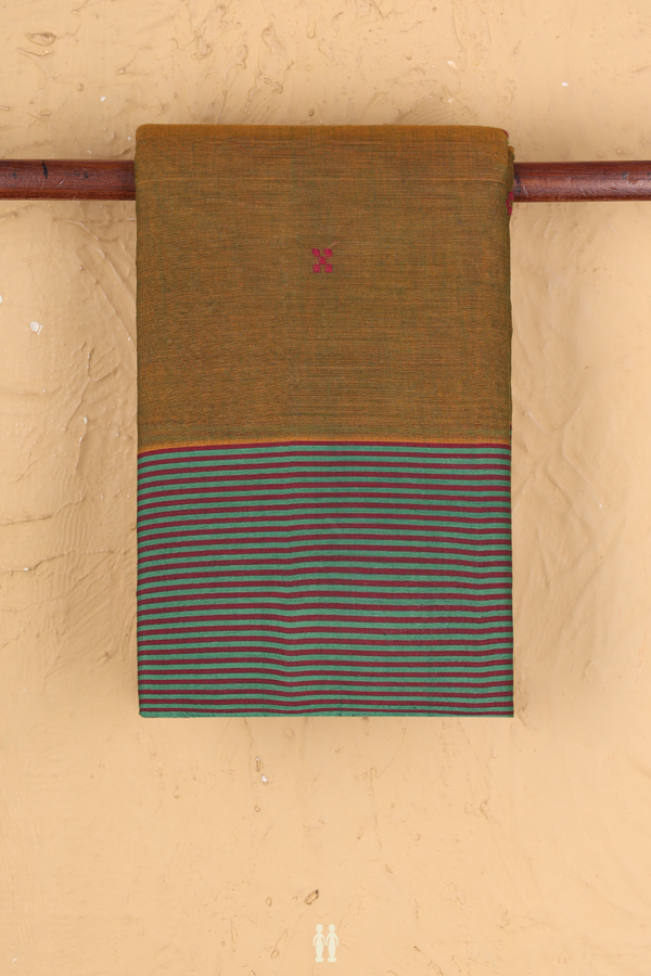 Kanchi Cotton Saree In Greenish Brown With Threadwork Buttas