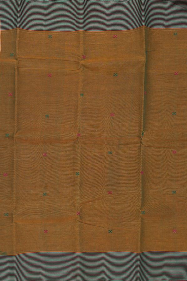 Kanchi Cotton Saree In Greenish Brown With Threadwork Buttas