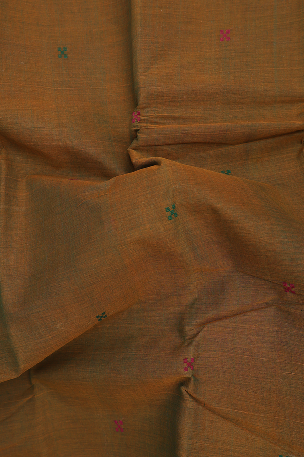 Kanchi Cotton Saree In Greenish Brown With Threadwork Buttas