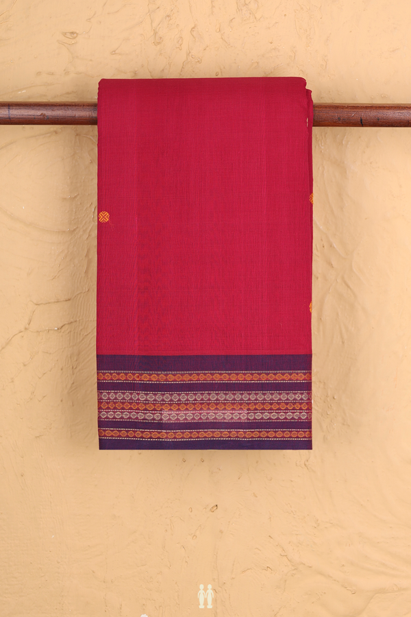 Kanchi Cotton Saree In Rose Red With Rudraksh Buttis
