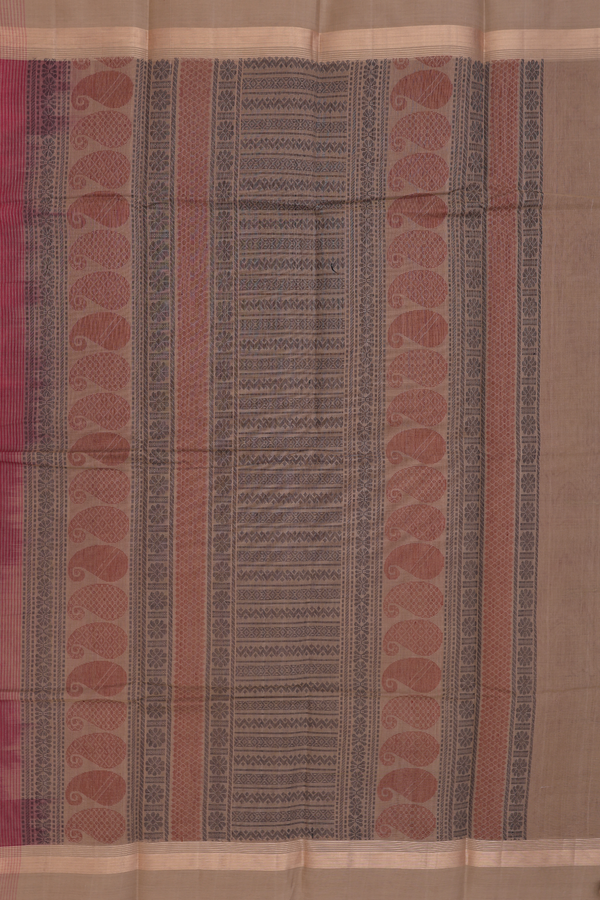 Kanchi Cotton Saree In Hibiscus Red With Threadwork Motifs