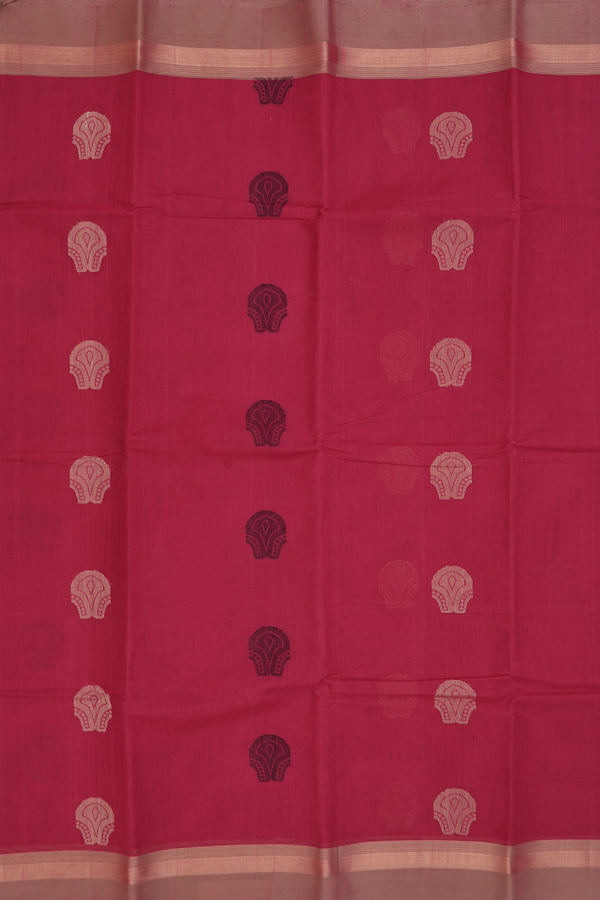 Kanchi Cotton Saree In Hibiscus Red With Threadwork Motifs